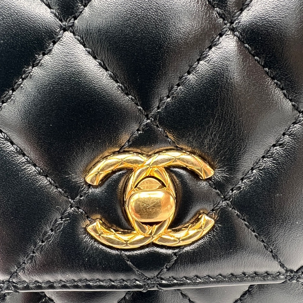 CHANEL Shiny Calfskin Quilted Mini Coco Chain Gold Handle Flap Black Bag - Picture 3 of 16